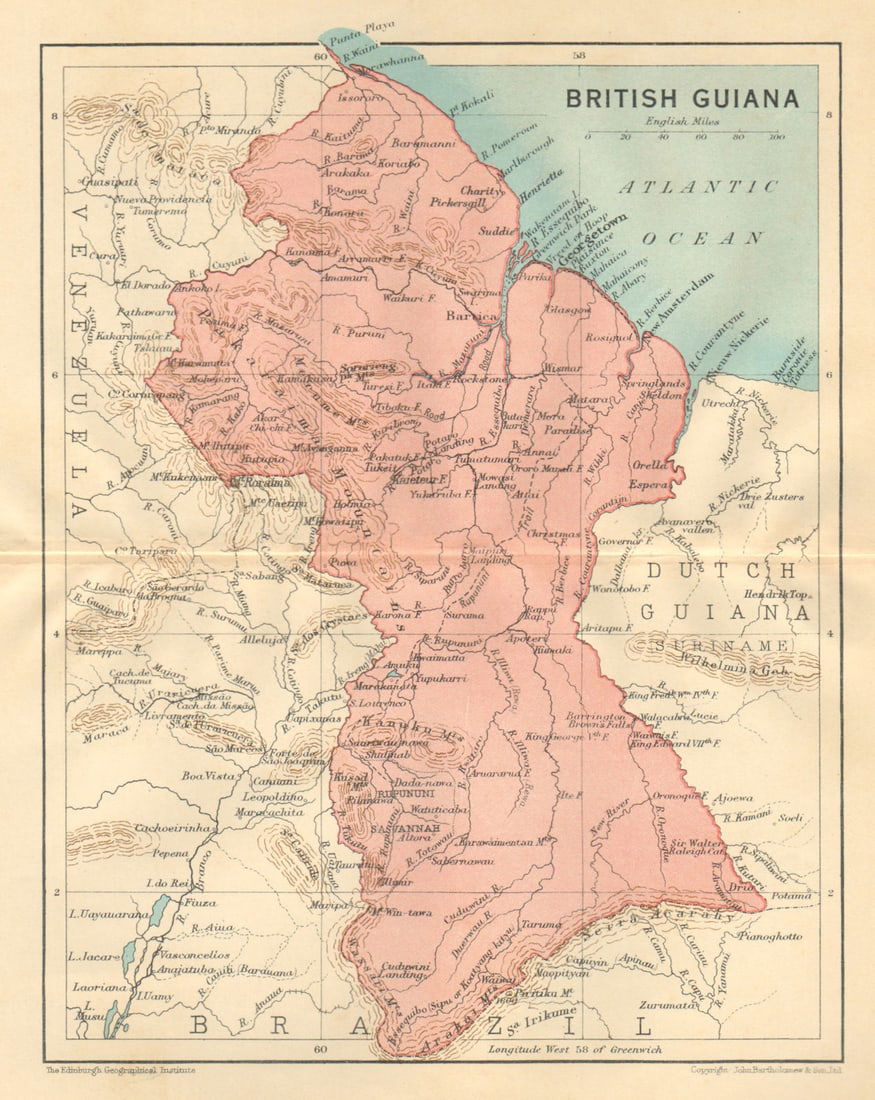 BRITISH GUIANA (GUYANA). Vintage map. Guyana. Caribbean 1935 old vintage: Title: BRITISH GUIANA (GUYANA). Vintage map. Guyana. Caribbean 1935 old vintage Description: British Guiana'. John Bartholomew & Son. Published 1935. Vintage colour map. Size 19 x 15 cm | 7.5 x 5.5 in