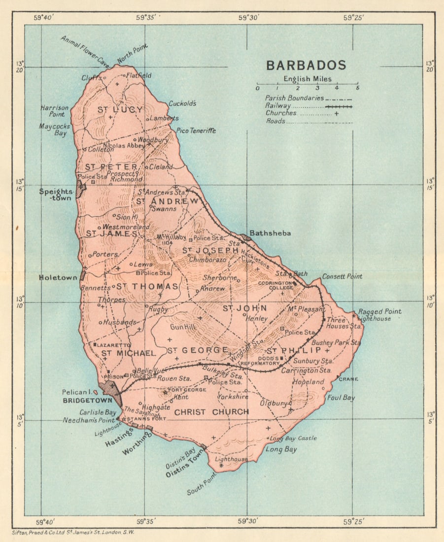 BARBADOS. Vintage map. West Indies Caribbean 1931 old vintage plan chart: Title: BARBADOS. Vintage map. West Indies Caribbean 1931 old vintage plan chart Description: Barbados'. Sifton, Praed & Co. Ltd, St. James's St. London S.W.. Published 1931. Vintage colour map. Size 1