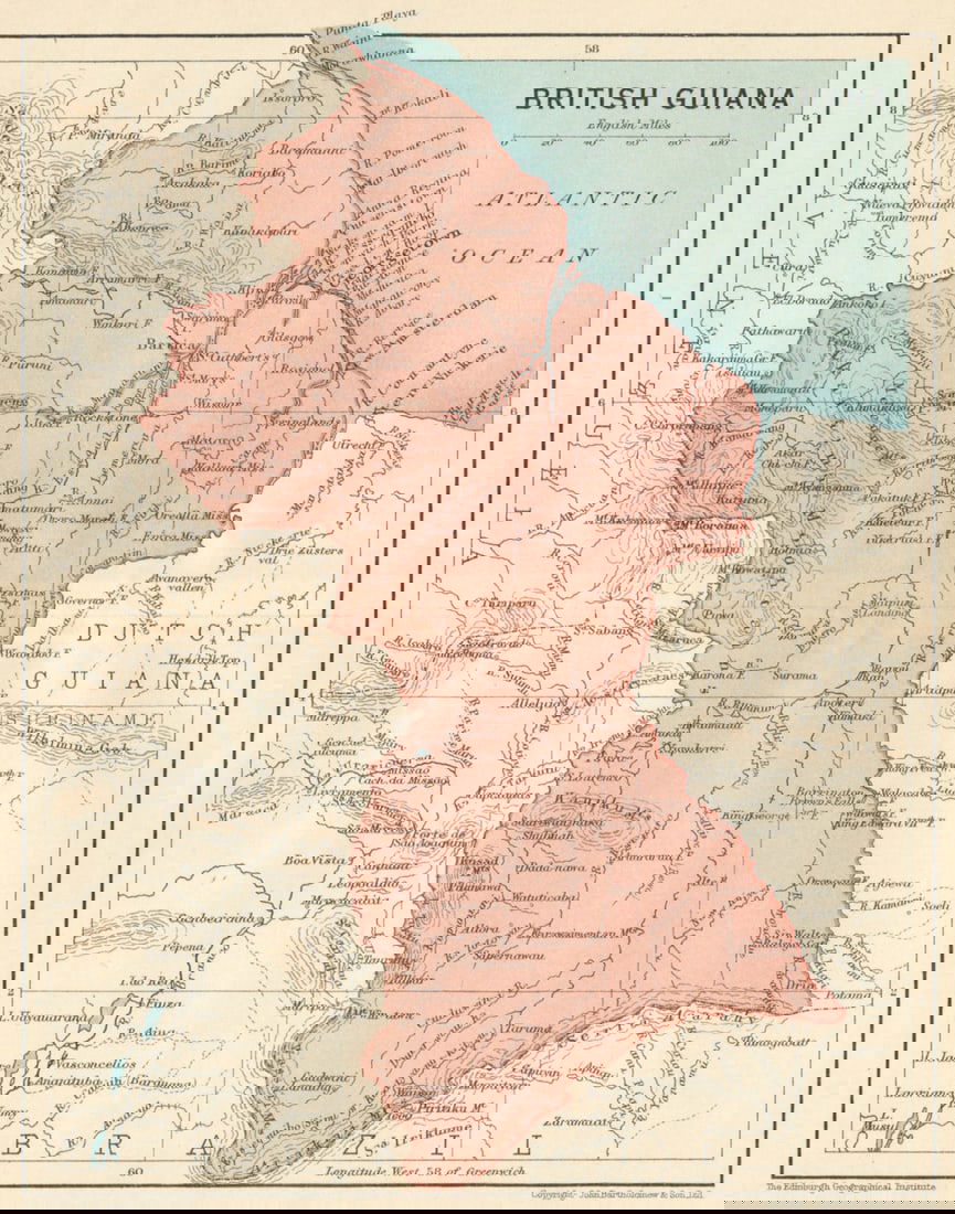 BRITISH GUIANA (GUYANA). Vintage map. Guyana. Caribbean 1931 old vintage: Title: BRITISH GUIANA (GUYANA). Vintage map. Guyana. Caribbean 1931 old vintage Description: British Guiana'. John Bartholomew & Son. Published 1931. Vintage colour map. Size 18 x 14 cm | 7.0 x 5.5 in