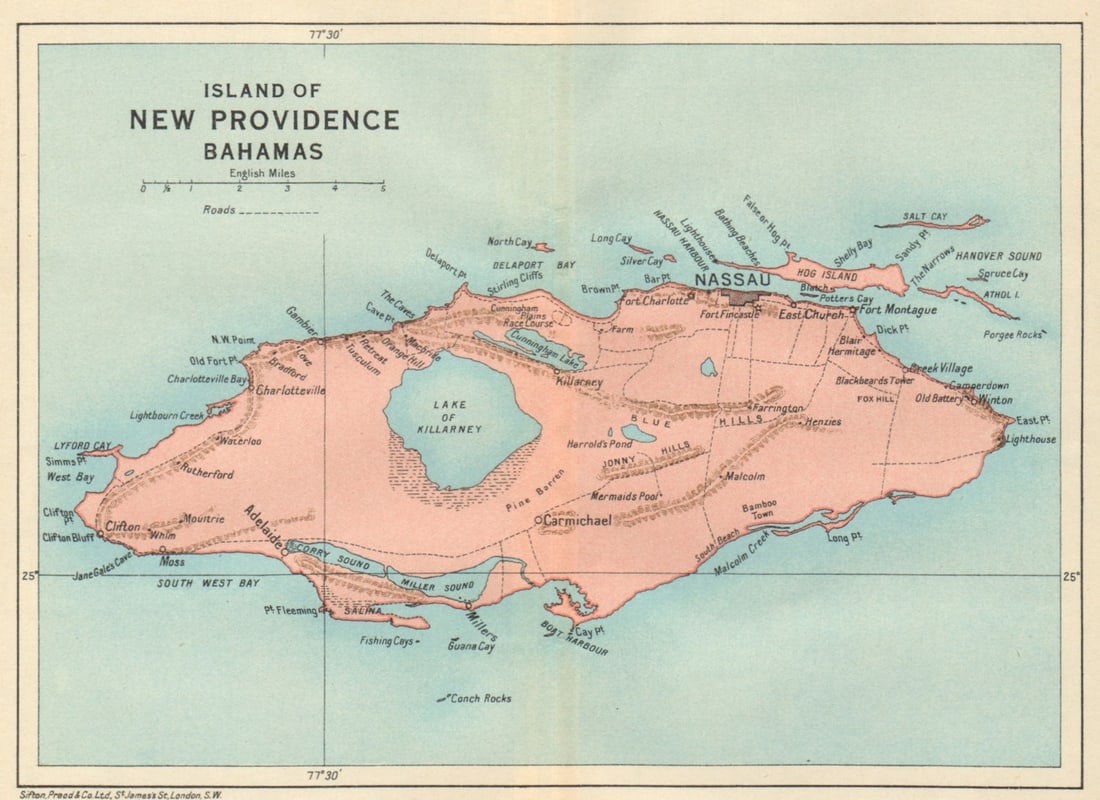 NEW PROVIDENCE. Vintage map. Bahamas. Caribbean 1931 old vintage chart: Title: NEW PROVIDENCE. Vintage map. Bahamas. Caribbean 1931 old vintage chart Description: Island of New Providence, Bahamas'. Sifton, Praed & Co. Ltd, St. James's St. London S.W.. Published 1931. Vin