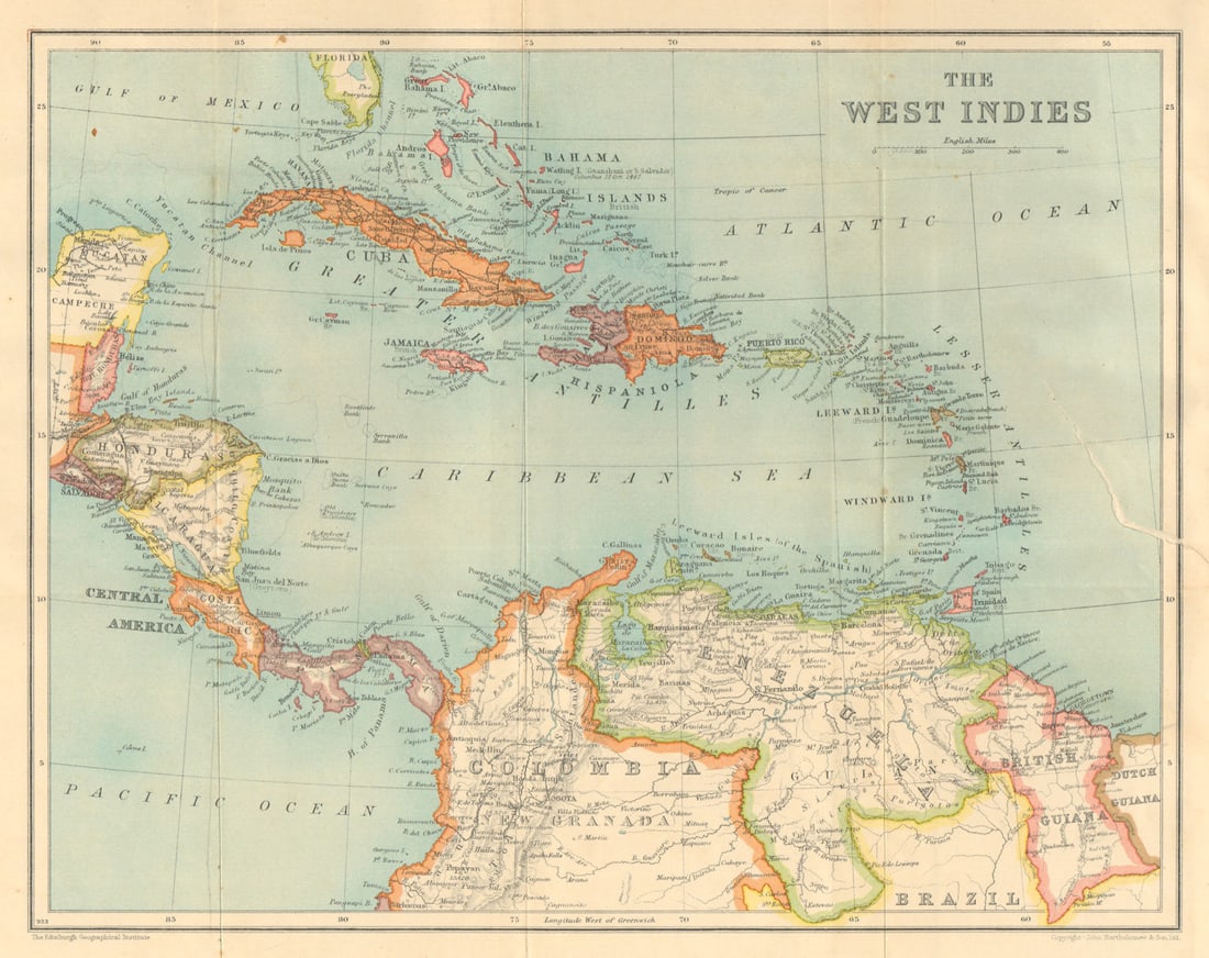 WEST INDIES & CARIBBEAN. Venezuela Central America Cuba Hispaniola &c 1935 map (1 of 1)