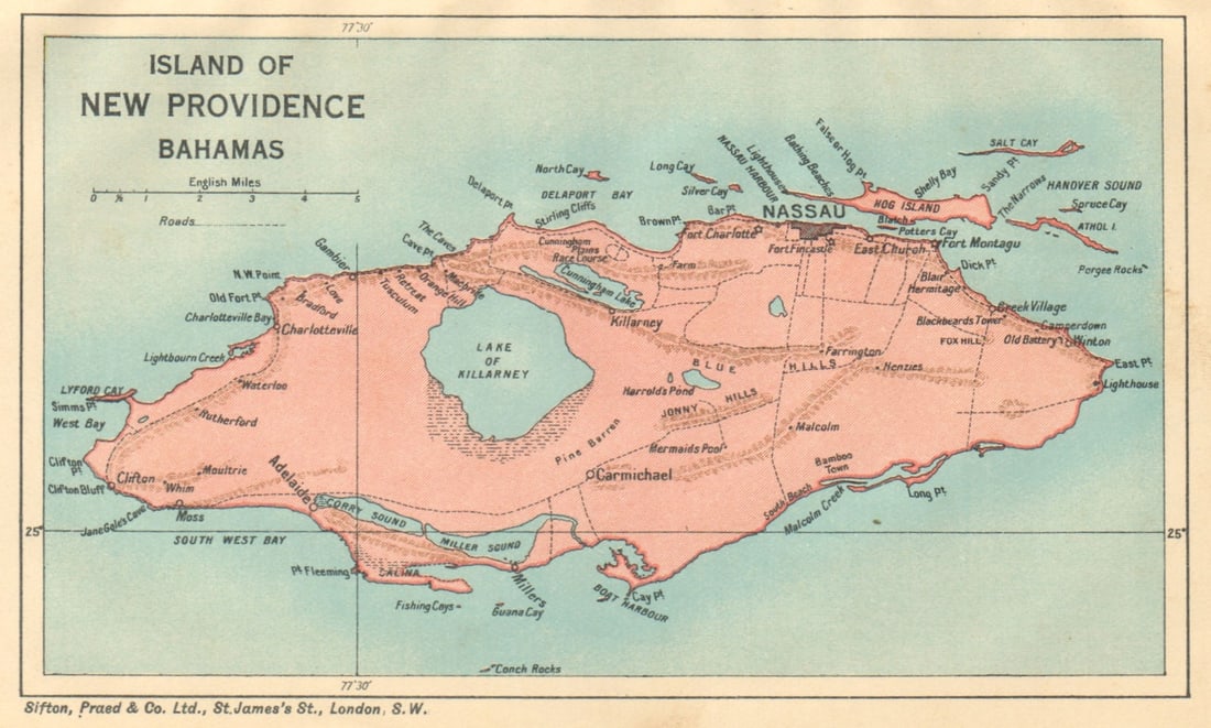 NEW PROVIDENCE. Vintage map. Bahamas. Caribbean 1935 old vintage chart: Title: NEW PROVIDENCE. Vintage map. Bahamas. Caribbean 1935 old vintage chart Description: Island of New Providence, Bahamas'. Sifton, Praed & Co. Ltd, St. James's St. London S.W.. Published 1935. Vin