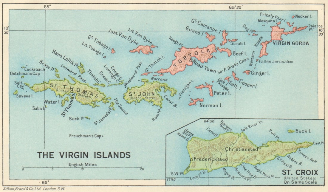 BRITISH/US VIRGIN ISLANDS Tortola Virgin Gorda St Croix St Thomas/John 1931 map: Title: BRITISH/US VIRGIN ISLANDS Tortola Virgin Gorda St Croix St Thomas/John 1931 map Description: The Virgin Islands; Inset map of St. Croix'. Sifton, Praed & Co. Ltd, St. James's St. London S.W.. P