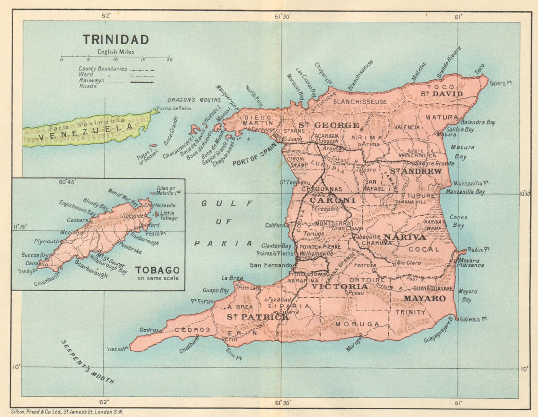 TRINIDAD. Vintage map. West Indies. Caribbean 1931 old vintage plan chart: Title: TRINIDAD. Vintage map. West Indies. Caribbean 1931 old vintage plan chart Description: Trinidad; Inset map of Tobago'. Sifton, Praed & Co. Ltd, St. James's St. London S.W.. Published 1931. Vint