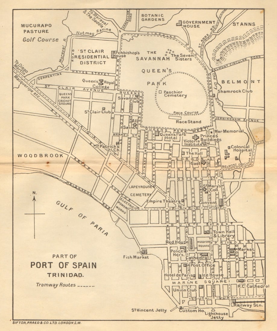 PORT OF SPAIN. Vintage map. Trinidad. West Indies. Caribbean 1935 old: Title: PORT OF SPAIN. Vintage map. Trinidad. West Indies. Caribbean 1935 old Description: Part of Port of Spain, Trinidad'. Sifton, Praed & Co. Ltd, St. James's St. London S.W.. Published 1935. Vintag