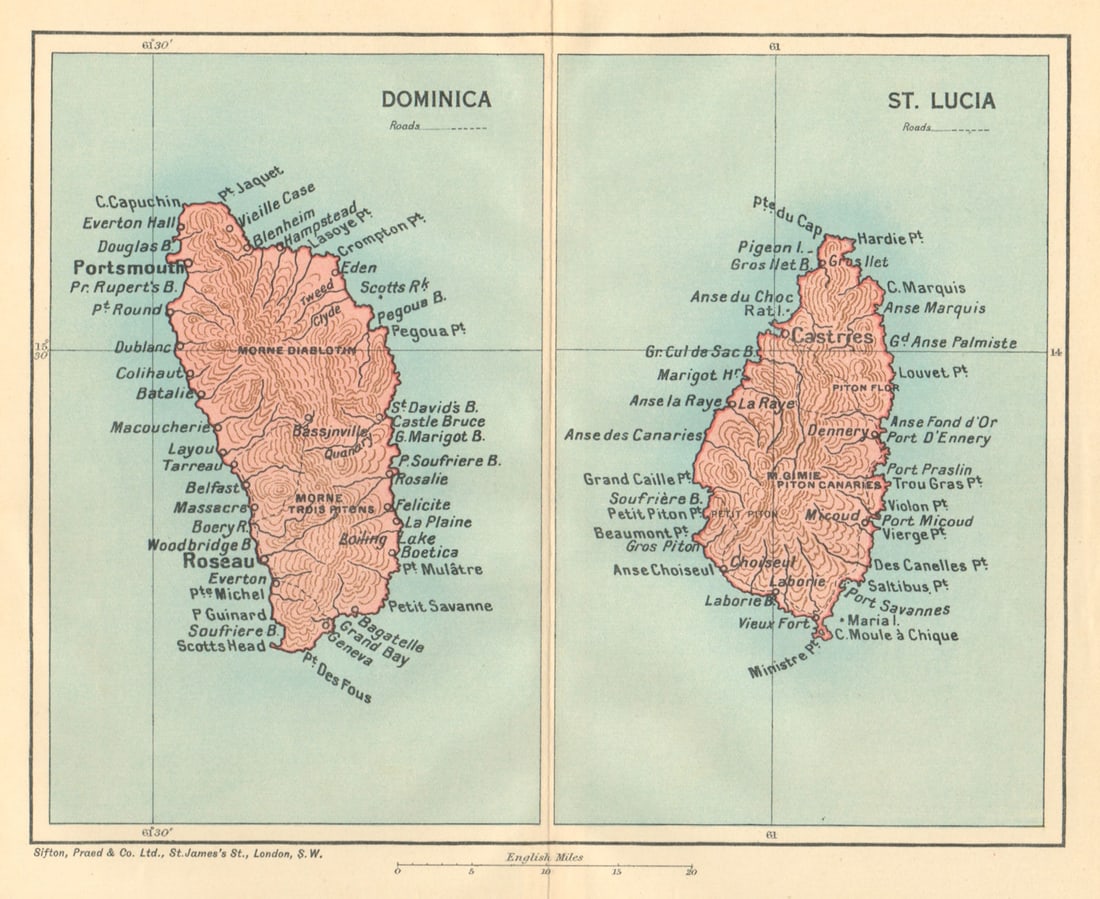 DOMINICA & ST LUCIA. Vintage map. West Indies Caribbean 1935 old vintage: Title: DOMINICA & ST LUCIA. Vintage map. West Indies Caribbean 1935 old vintage Description: Dominica and St. Lucia'. Sifton, Praed & Co. Ltd, St. James's St. London S.W.. Published 1935. Vintage colo