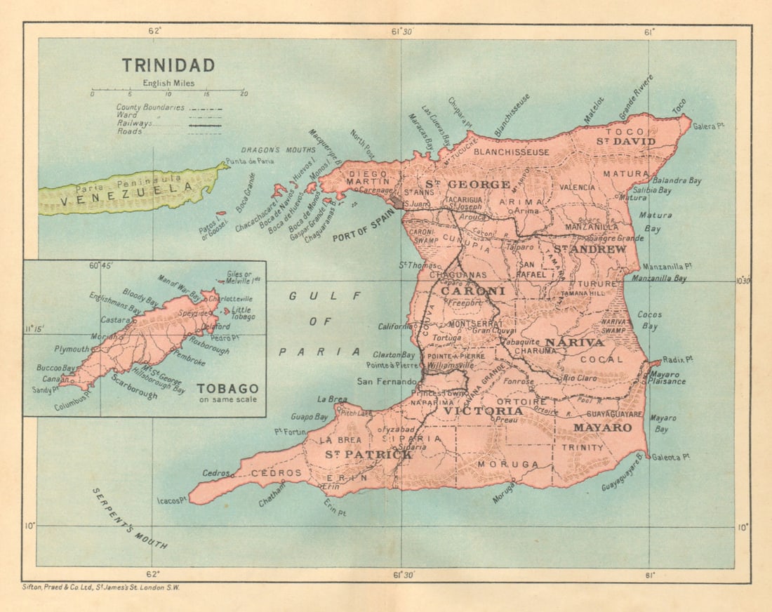 TRINIDAD. Vintage map. West Indies. Caribbean 1935 old vintage plan chart: Title: TRINIDAD. Vintage map. West Indies. Caribbean 1935 old vintage plan chart Description: Trinidad; Inset map of Tobago'. Sifton, Praed & Co. Ltd, St. James's St. London S.W.. Published 1935. Vint