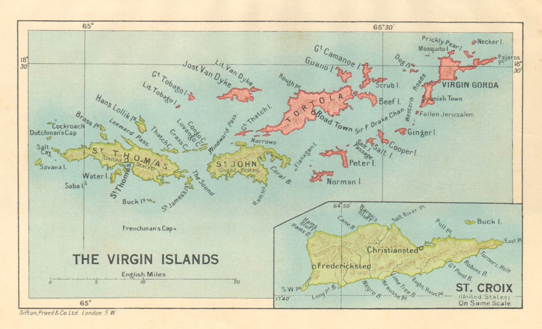 BRITISH/US VIRGIN ISLANDS Tortola Virgin Gorda St Croix St Thomas/John 1935 map: Title: BRITISH/US VIRGIN ISLANDS Tortola Virgin Gorda St Croix St Thomas/John 1935 map Description: The Virgin Islands; Inset map of St. Croix'. Sifton, Praed & Co. Ltd, St. James's St. London S.W.. P