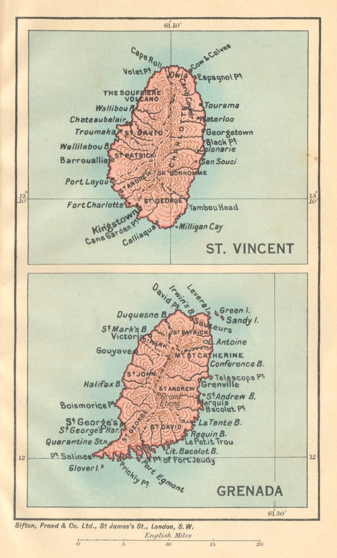 ST VINCENT & GRENADA. Vintage maps. West Indies Caribbean 1935 old vintage: Title: ST VINCENT & GRENADA. Vintage maps. West Indies Caribbean 1935 old vintage Description: St. Vincent & Grenada'. Sifton, Praed & Co. Ltd, St. James's St. London S.W.. Published 1935. Vintage