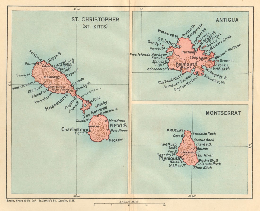 ST CHRISTOPHER (ST KITTS), ANTIGUA & MONTSERRAT. West Indies Caribbean 1935 map: Title: ST CHRISTOPHER (ST KITTS), ANTIGUA & MONTSERRAT. West Indies Caribbean 1935 map Description: St. Christopher (St Kitts), Antigua and Montserrat'. Sifton, Praed & Co. Ltd, St. James's St. London