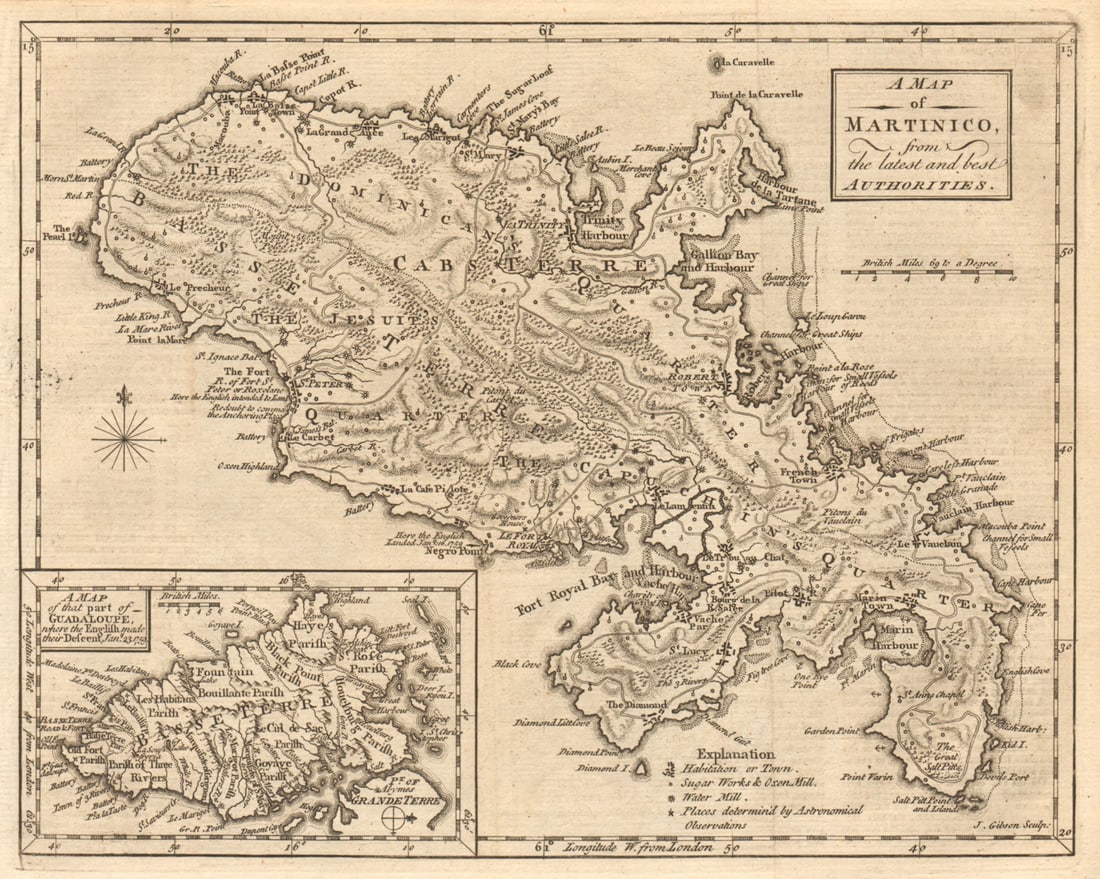 Martinico & Basse-Terre, Guadeloupe. Martinique. Antilles. GIBSON 1759 old map (1 of 1)