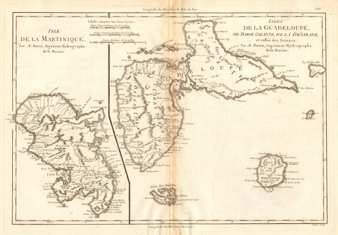 Martinique, Guadeloupe, Marie-Galante, La Désirade & Saintes. BONNE 1788 map (1 of 1)