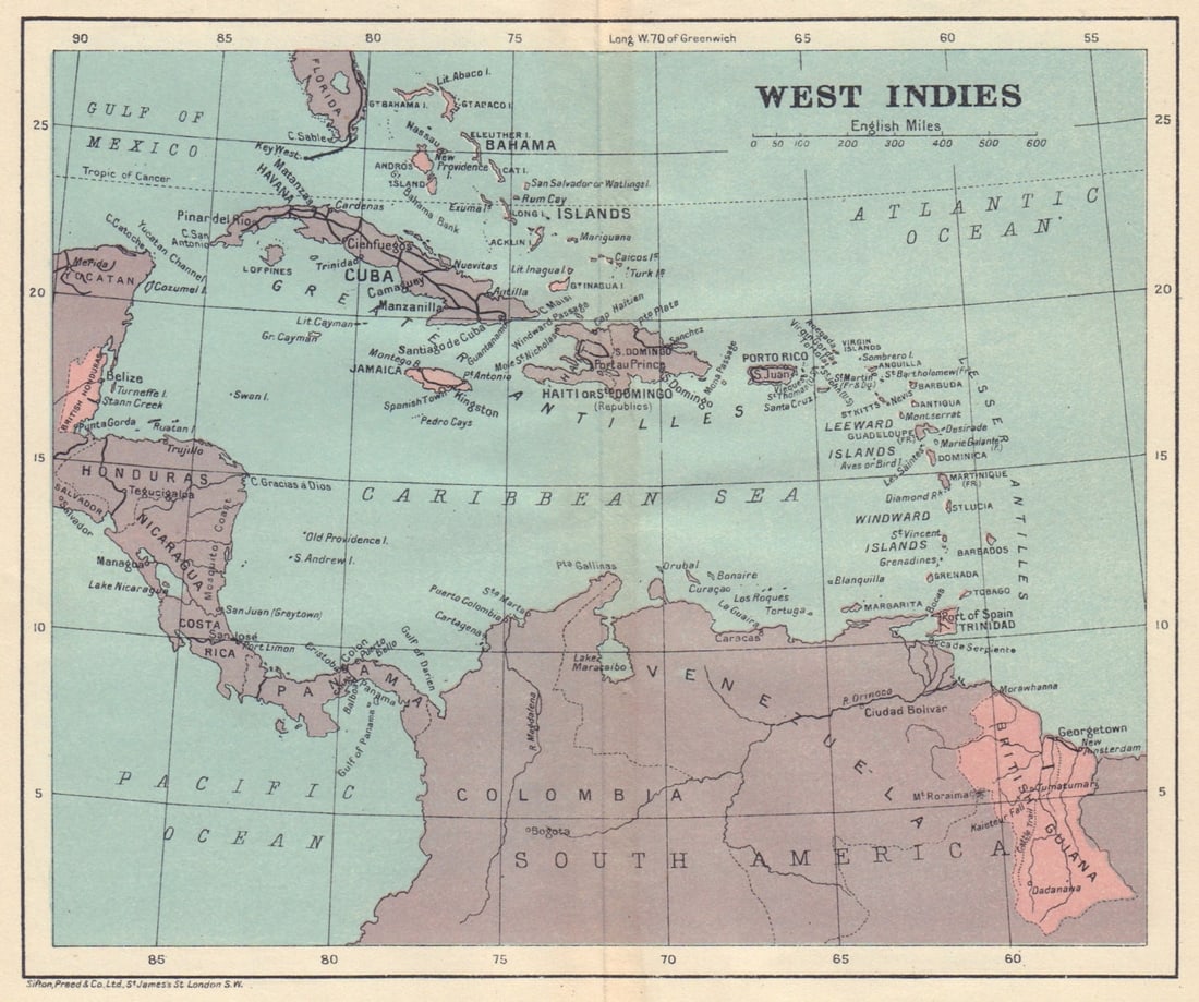 WEST INDIES & CARIBBEAN. Venezuela Central America Cuba Hispaniola &c 1923 map: Title: WEST INDIES & CARIBBEAN. Venezuela Central America Cuba Hispaniola &c 1923 map Description: The West Indies'. Sifton, Praed & Co. Ltd, St. James's St. London S.W.. Published 1923. Vintage colou