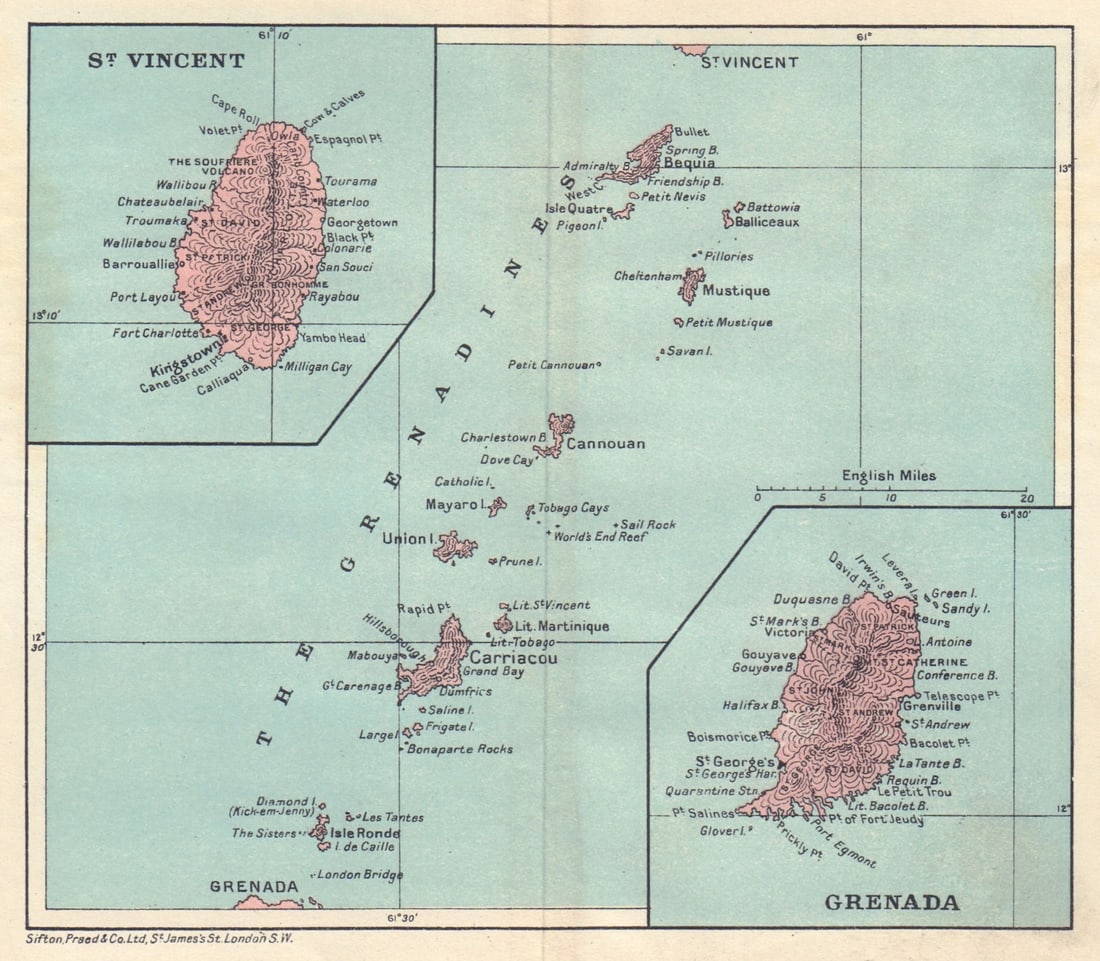 ST VINCENT, GRENADA & THE GRENADINES. Lesser Antilles. West Indies 1923 map: Title: ST VINCENT, GRENADA & THE GRENADINES. Lesser Antilles. West Indies 1923 map Description: The Grenadines; Inset maps of St. Vincent; Grenada'. Sifton, Praed & Co. Ltd, St. James's St. London S.W
