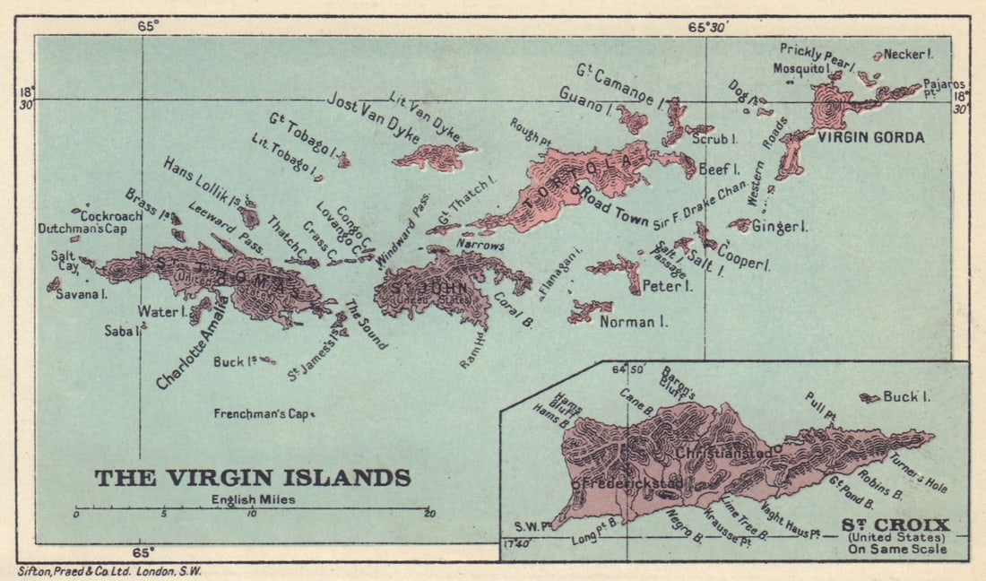 BRITISH/US VIRGIN ISLANDS Tortola Virgin Gorda St Croix St Thomas/John 1923 map: Title: BRITISH/US VIRGIN ISLANDS Tortola Virgin Gorda St Croix St Thomas/John 1923 map Description: The Virgin Islands; Inset map of St. Croix'. Sifton, Praed & Co. Ltd, St. James's St. London S.W.. P