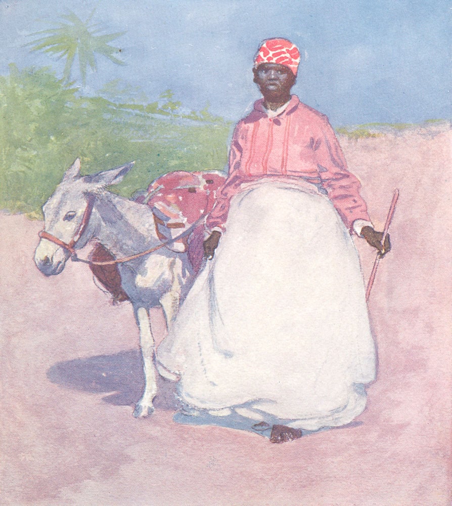 WEST INDIES. Countrywoman going to Market, Barbados 1905 old antique print: Title: WEST INDIES. Countrywoman going to Market, Barbados 1905 old antique print Description: Countrywoman going to Market, Barbadoes'. From a painting by Archibald Stevenson Forrest. Published 1905.