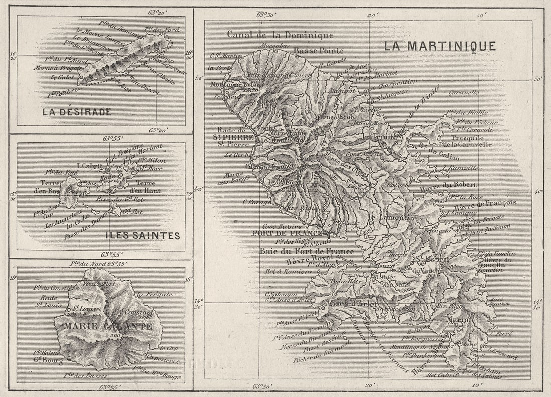 WEST INDIES. Martinique, Marie-Galante, Desirade, Iles Saintes 1878 old map (1 of 1)