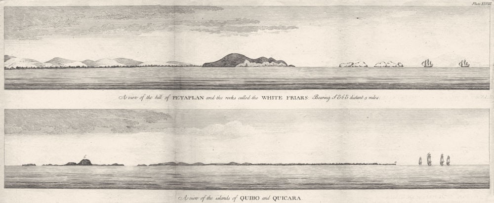 PANAMA. Petaplan hill. White Friars rocks. Quibo Quicara Islands (Anson) 1750: Title: PANAMA. Petaplan hill. White Friars rocks. Quibo Quicara Islands (Anson) 1750 Description: A View of the hill of Petaplan and the rocks called the White Friars: Bearing SEBE distant 5 miles; A