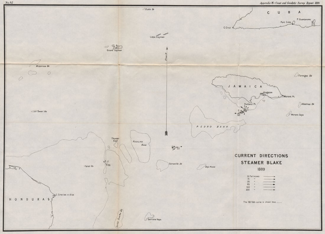 JAMAICA. Ocean current directions 1889. Caribbean. USCGS 1889 old antique map (1 of 1)
