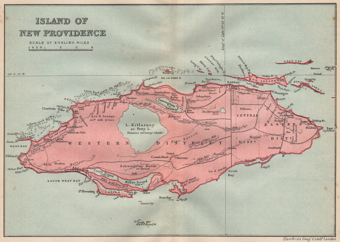NEW PROVIDENCE. Vintage map. Bahamas. Caribbean 1914 old antique chart: Title: NEW PROVIDENCE. Vintage map. Bahamas. Caribbean 1914 old antique chart Description: Island of New Providence'. Stanford's Geographical Establishment. Published 1914. Vintage colour map. Size 13