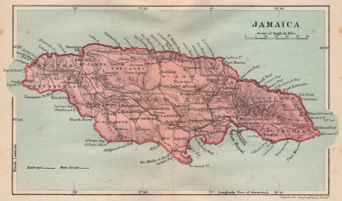 JAMAICA. Vintage map. West Indies. Caribbean 1914 old antique plan chart: Title: JAMAICA. Vintage map. West Indies. Caribbean 1914 old antique plan chart Description: Jamaica'. Stanford's Geographical Establishment. Published 1914. Vintage colour map. Size 11 x 19 cm | 4.0