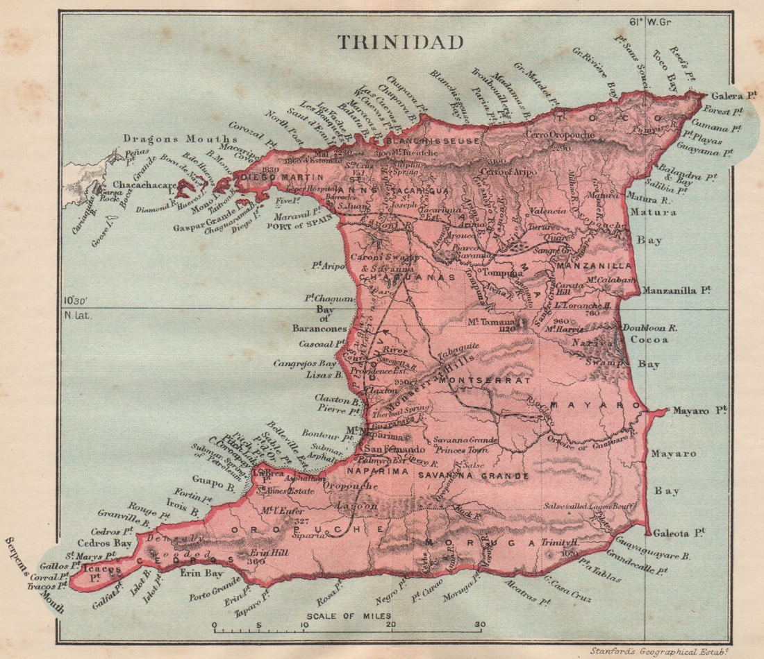 TRINIDAD. Vintage map. West Indies. Caribbean 1914 old antique plan chart: Title: TRINIDAD. Vintage map. West Indies. Caribbean 1914 old antique plan chart Description: Trinidad'. Stanford's Geographical Establishment. Published 1914. Vintage colour map. Size 13 x 15 cm | 5.