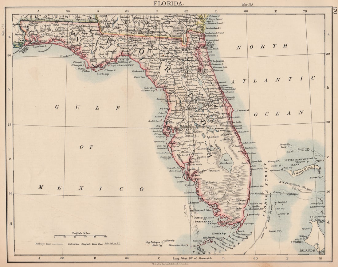 FLORIDA. State map. Shows Miami. Railroads. JOHNSTON 1906 old antique (1 of 1)
