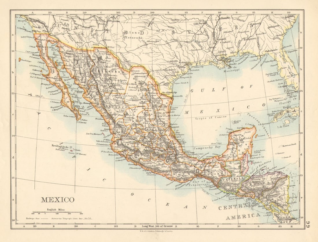 MEXICO & CENTRAL AMERICA. Guatemala Honduras Nicaragua. JOHNSTON 1897 old map: Title: MEXICO & CENTRAL AMERICA. Guatemala Honduras Nicaragua. JOHNSTON 1897 old map Description: Mexico'. W. & A.K. Johnston. Published 1897. Antique colour map. Size 22 x 28 cm | 8.5 x 11.0 inches.