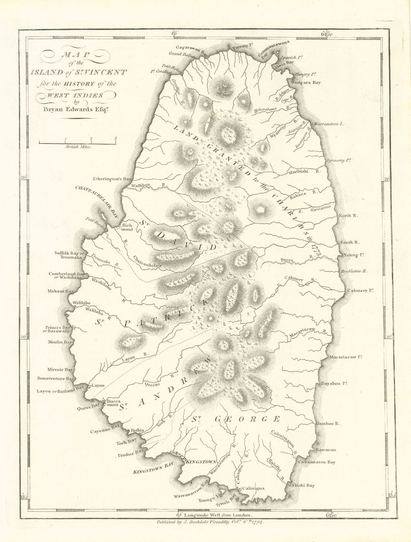 Map of the Island of ST. VINCENT'. By Bryan EDWARDS. West Indies Caribbean 1794: Title: Map of the Island of ST. VINCENT'. By Bryan EDWARDS. West Indies Caribbean 1794 Description: Map of the Island of St. Vincent' by Edwards, Bryan. Published 1794. Antique copperplate map. Size 2