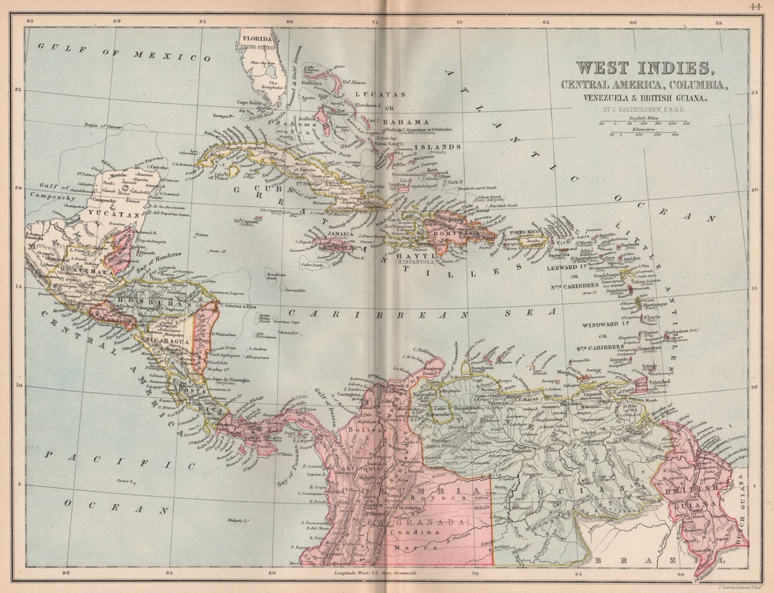 CARIBBEAN. West Indies Cent. America Columbia Venezuela British Guiana 1878 map: Title: CARIBBEAN. West Indies Cent. America Columbia Venezuela British Guiana 1878 map Description: West Indies, Central America, Columbia, Venezuela & British Guiana'. J. Bartholomew, Edinburgh.