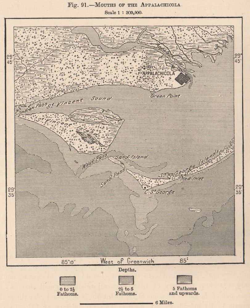 Mouths of the Appalachicola. Florida 1885 old antique vintage map plan chart: Title: Mouths of the Appalachicola. Florida 1885 old antique vintage map plan chart Description: Mouths of the Appalachicola'. Engraved for Élisée Reclus. Published 1885. Antique wood-engrav