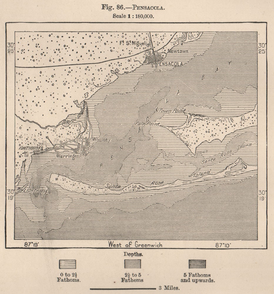 Pensacola. Florida 1885 old antique vintage map plan chart: Title: Pensacola. Florida 1885 old antique vintage map plan chart Description: Pensacola'. Engraved for Élisée Reclus. Published 1885. Antique wood-engraved map. Scale 1:180,000. Size 12 x 1