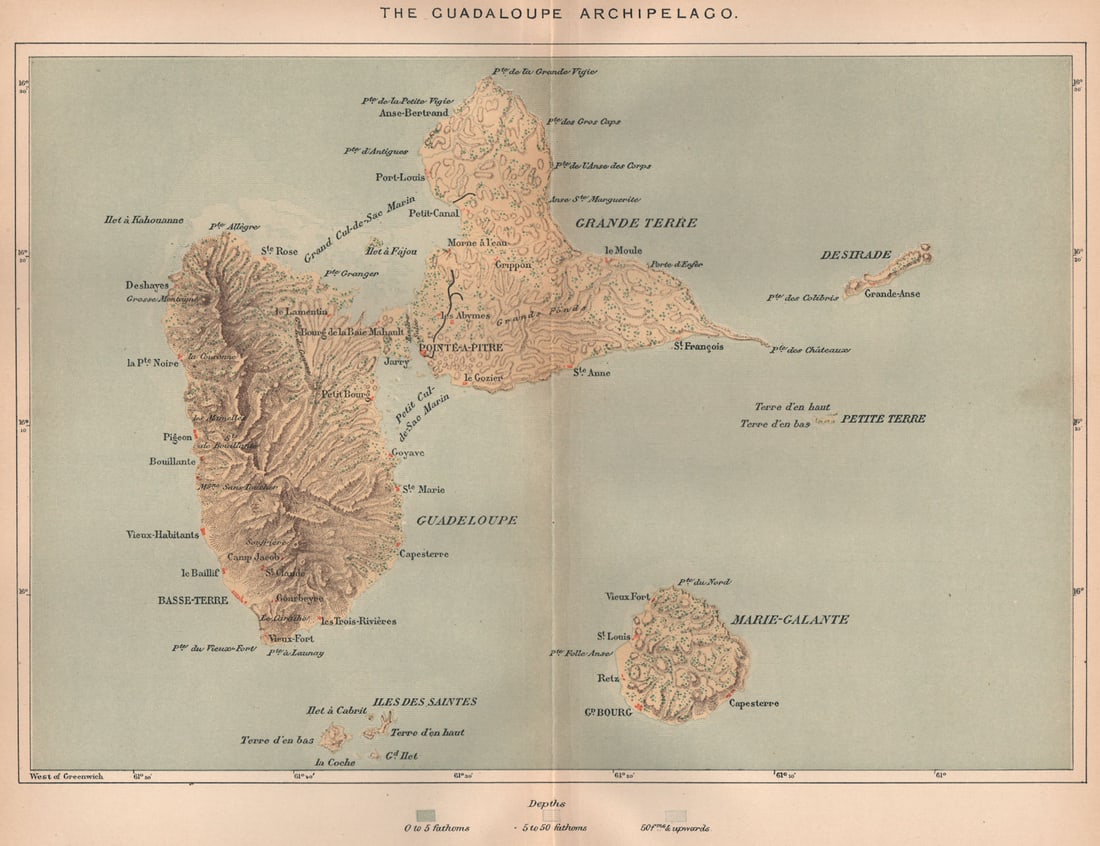 Guadaloupe Archipelago. Marie-Galante Iles des Saintes. Lesser Antilles 1885 map: Title: Guadaloupe Archipelago. Marie-Galante Iles des Saintes. Lesser Antilles 1885 map Description: The Guadaloupe Archipelago'. Engraved for Élisée Reclus. Published 1885. Antique colour m