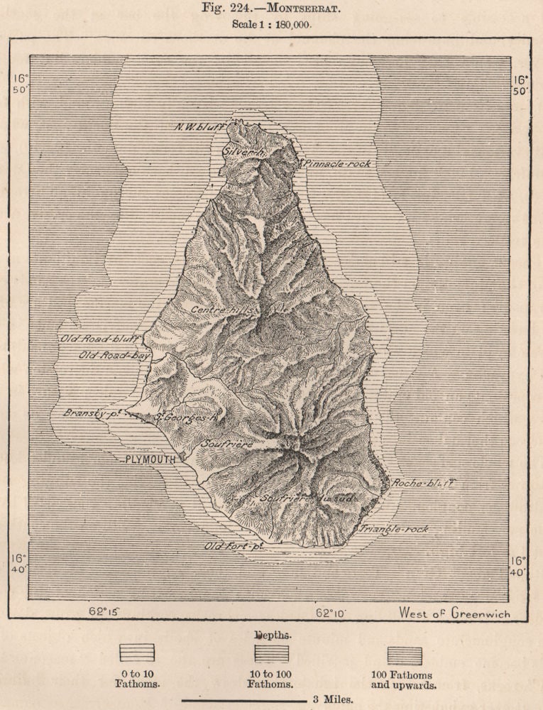 Montserrat. West Indies. The Lesser Antilles 1885 old antique map plan chart: Title: Montserrat. West Indies. The Lesser Antilles 1885 old antique map plan chart Description: Montserrat'. Engraved for Élisée Reclus. Published 1885. Antique wood-engraved map. Scale 1:1