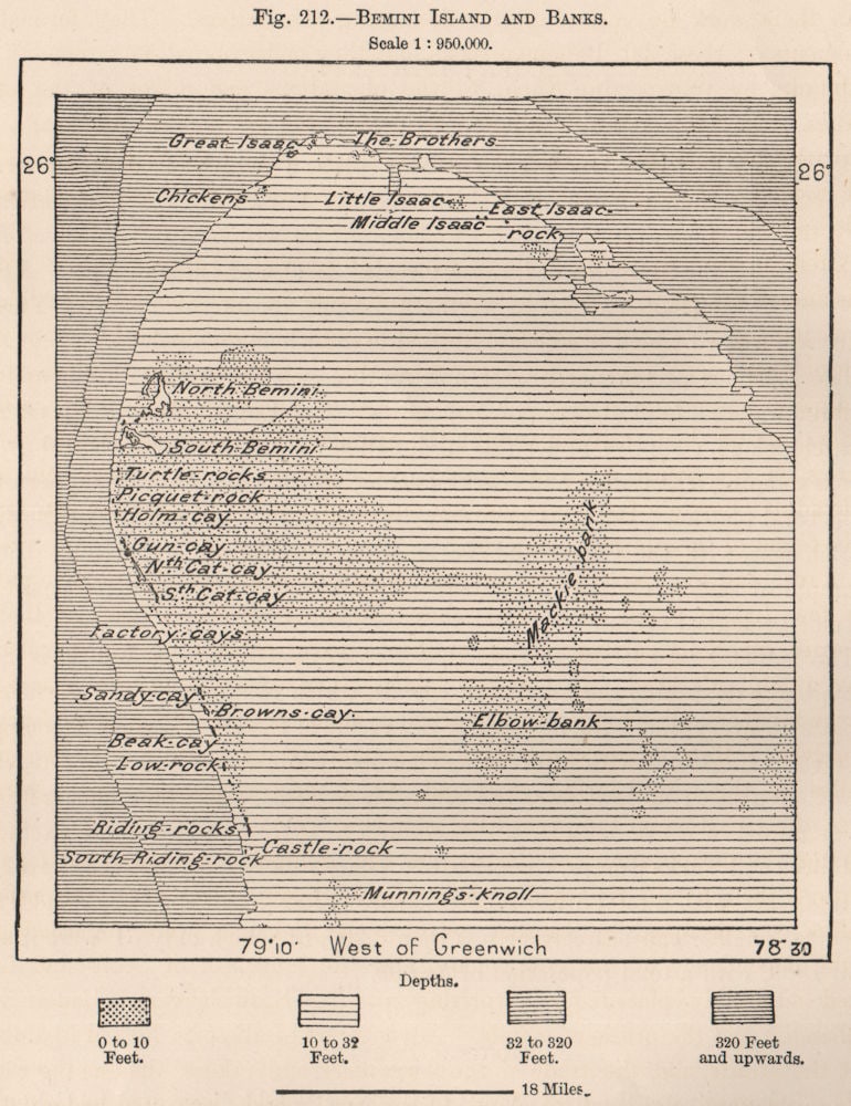 Bimini Island and Banks. Bahamas 1885 old antique vintage map plan chart: Title: Bimini Island and Banks. Bahamas 1885 old antique vintage map plan chart Description: Bemini Island and Banks'. Engraved for Élisée Reclus. Published 1885. Antique wood-engraved map.