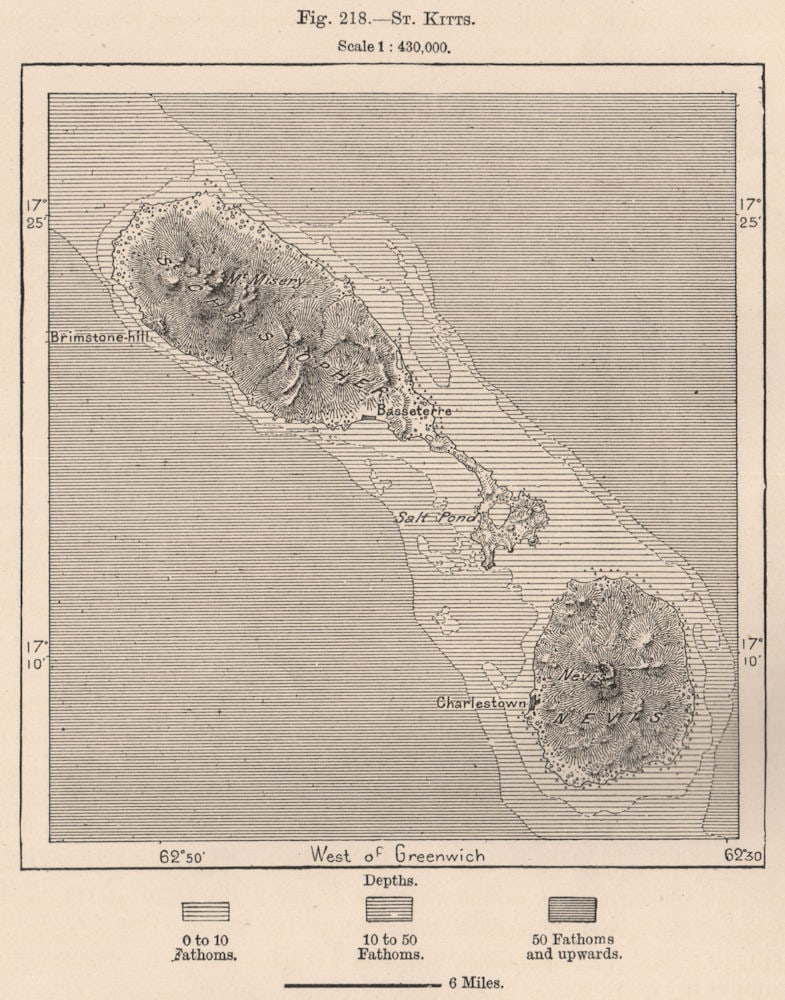 St. Kitts. West Indies. The Lesser Antilles 1885 old antique map plan chart: Title: St. Kitts. West Indies. The Lesser Antilles 1885 old antique map plan chart Description: St. Kitts'. Engraved for Élisée Reclus. Published 1885. Antique wood-engraved map. Scale 1:430