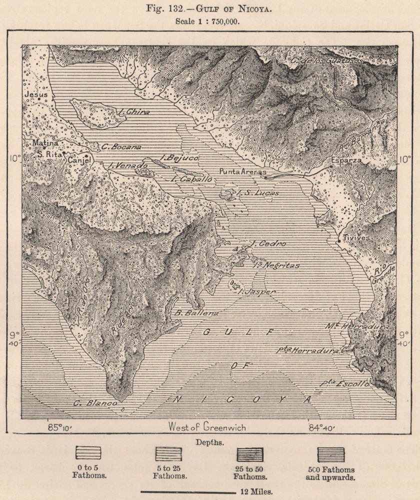Gulf of Nicoya. Golfo de Nicoya. Costa Rica. Central America 1885 old map: Title: Gulf of Nicoya. Golfo de Nicoya. Costa Rica. Central America 1885 old map Description: Gulf of Nicoya'. Engraved for Élisée Reclus. Published 1885. Antique wood-engraved map. Scale 1: