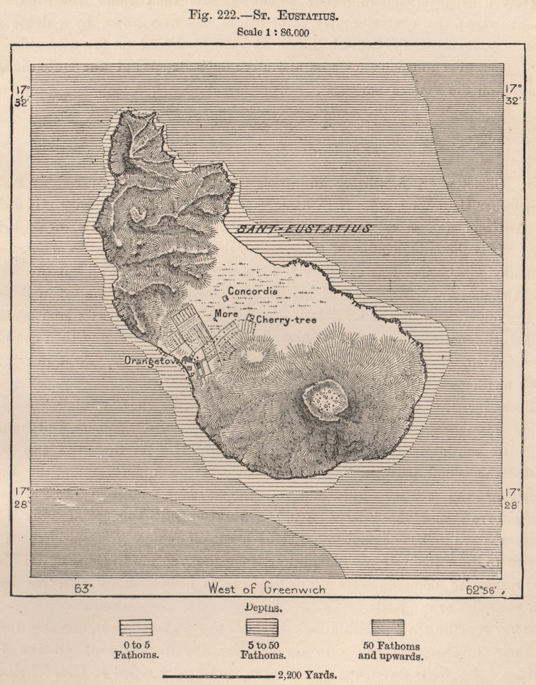 Sint. Eustatius. West Indies. The Lesser Antilles 1885 old antique map chart: Title: Sint. Eustatius. West Indies. The Lesser Antilles 1885 old antique map chart Description: St. Eustatius'. Engraved for Élisée Reclus. Published 1885. Antique wood-engraved map. Scale