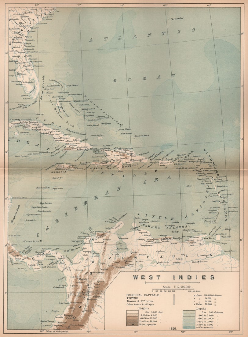 West Indies. Caribbean. The American Mediterranean 1885 old antique map chart (1 of 1)