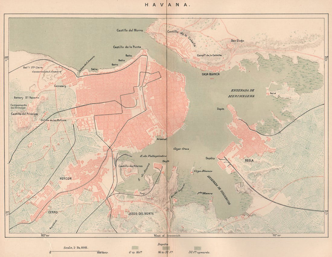 Havana. Cuba 1885 old antique vintage map plan chart: Title: Havana. Cuba 1885 old antique vintage map plan chart Description: Havana'. Engraved for Élisée Reclus. Published 1885. Antique colour map. Scale 1:14,000. Size 23 x 29 cm | 9.0 x 11.5