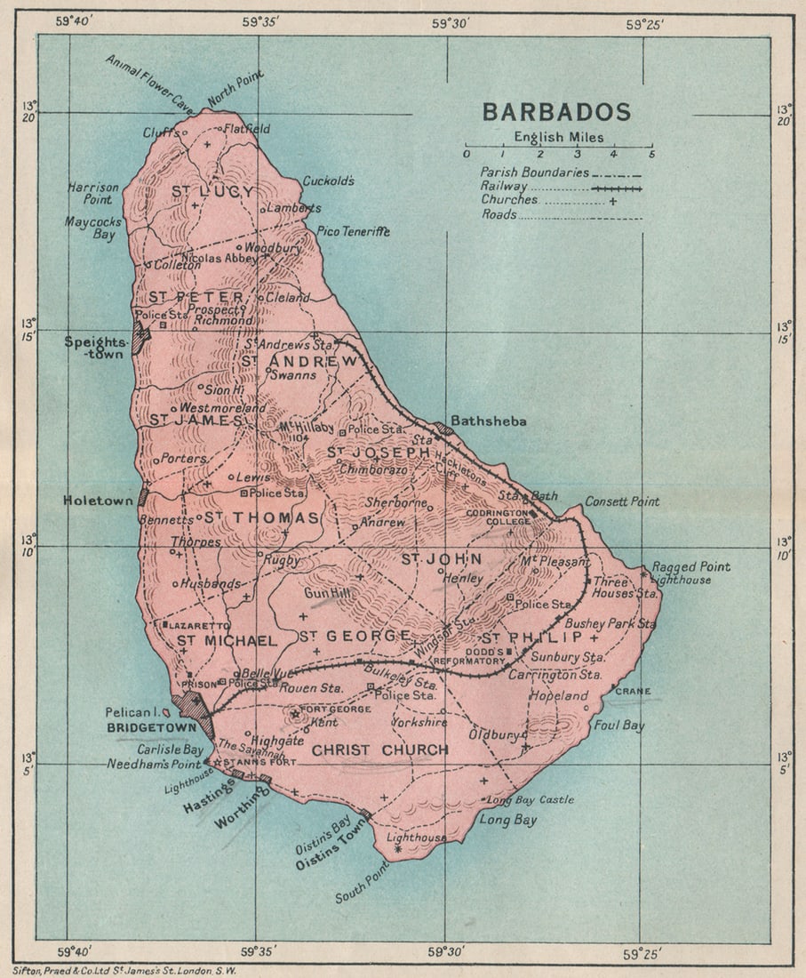 BARBADOS. Vintage map. West Indies Caribbean 1927 old vintage plan chart: Title: BARBADOS. Vintage map. West Indies Caribbean 1927 old vintage plan chart Description: Barbados'. Sifton, Praed & Co. Ltd, St. James's St. London S.W.. Published 1927. Vintage colour map. Size 1