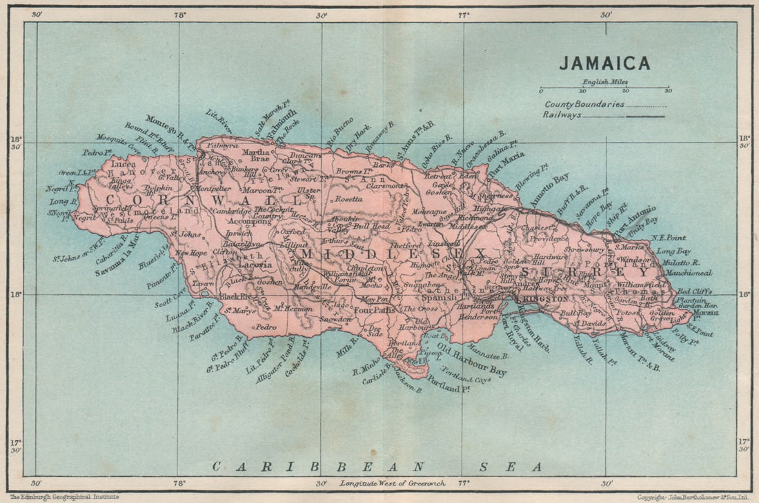 JAMAICA. Vintage map. West Indies. Caribbean 1927 old vintage plan chart: Title: JAMAICA. Vintage map. West Indies. Caribbean 1927 old vintage plan chart Description: Jamaica'. Sifton, Praed & Co. Ltd, St. James's St. London S.W.. Published 1927. Vintage colour map. Size 12