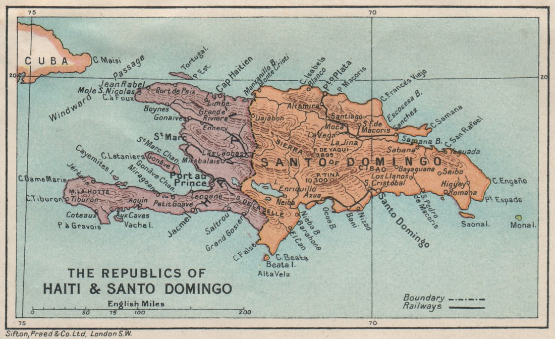 HISPANIOLA. Haiti & Santo Domingo (Dominican Republic) Vintage map 1927: Title: HISPANIOLA. Haiti & Santo Domingo (Dominican Republic) Vintage map 1927 Description: The republics of Haiti & Santo Domingo'. Sifton, Praed & Co. Ltd, St. James's St. London S.W.. Published