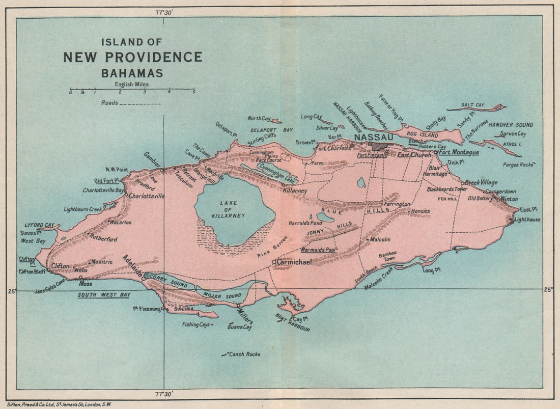 NEW PROVIDENCE. Vintage map. Bahamas. Caribbean 1927 old vintage chart: Title: NEW PROVIDENCE. Vintage map. Bahamas. Caribbean 1927 old vintage chart Description: Island of New Providence, Bahamas'. Sifton, Praed & Co. Ltd, St. James's St. London S.W.. Published 1927. Vin