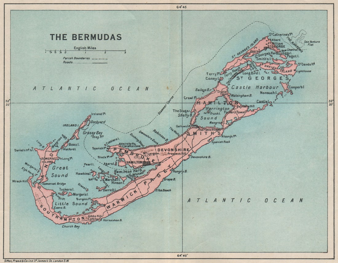 THE BERMUDAS. Vintage map. Bermuda 1927 old vintage plan chart: Title: THE BERMUDAS. Vintage map. Bermuda 1927 old vintage plan chart Description: The Bermudas'. Sifton, Praed & Co. Ltd, St. James's St. London S.W.. Published 1927. Vintage colour map. Size 14 x 18