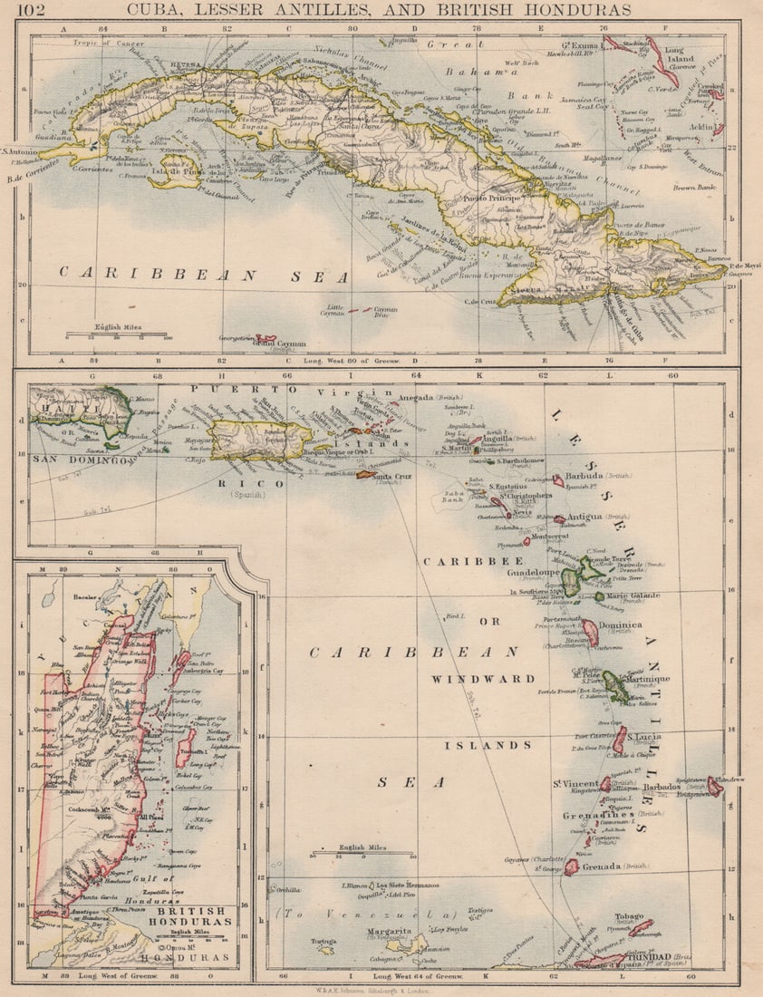 CARIBBEAN ISLANDS.Cuba British Honduras Caribbee/Windward. JOHNSTON 1895 map (1 of 1)