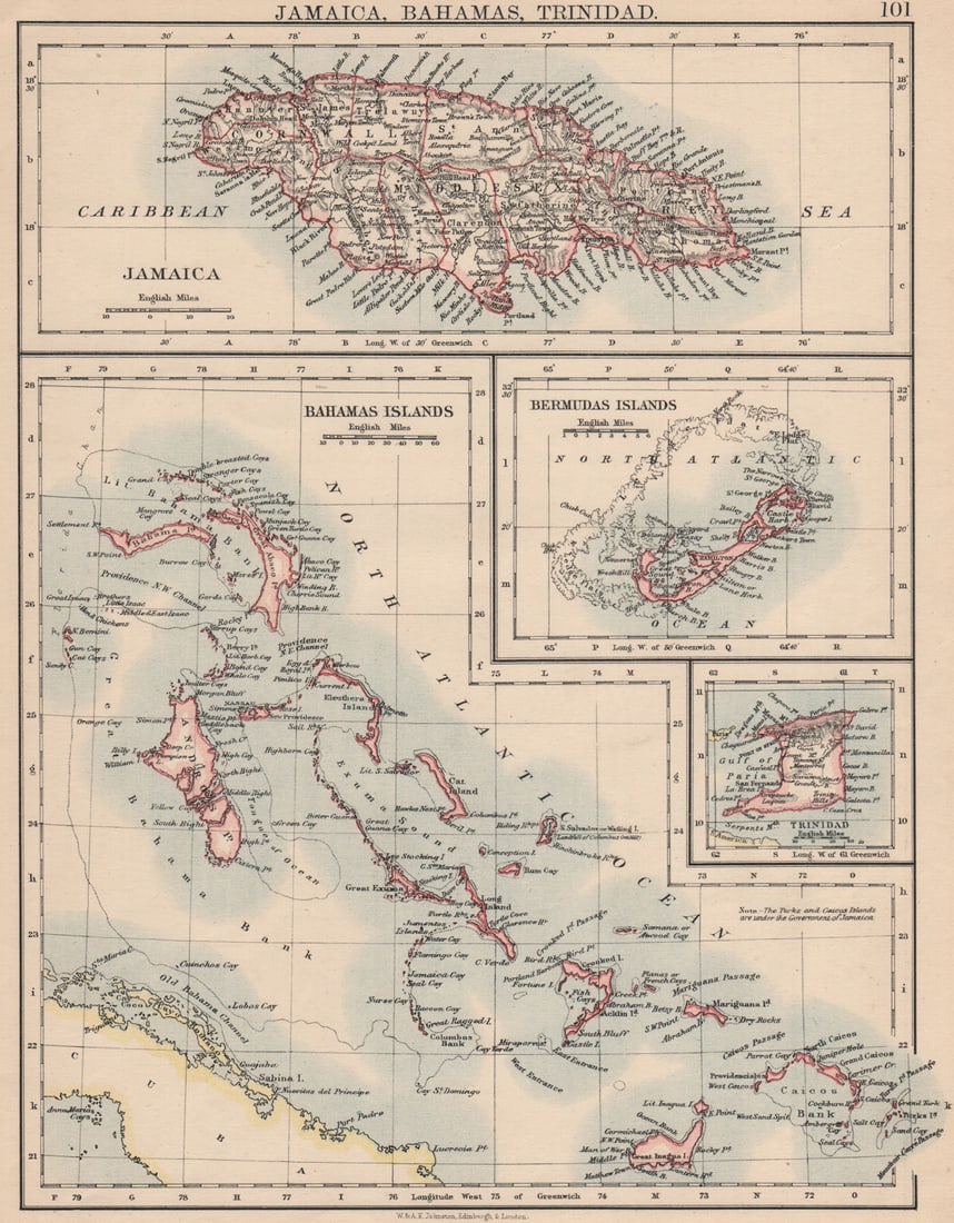 CARIBBEAN/ATLANTIC ISLANDS.Jamaica Bermuda Bahamas Trinidad. JOHNSTON 1895 map: Title: CARIBBEAN/ATLANTIC ISLANDS.Jamaica Bermuda Bahamas Trinidad. JOHNSTON 1895 map Description: Jamaica, Bahamas, Trinidad; Bermudas Islands'. W. & A.K. Johnston, Limited, Edinburgh & London.