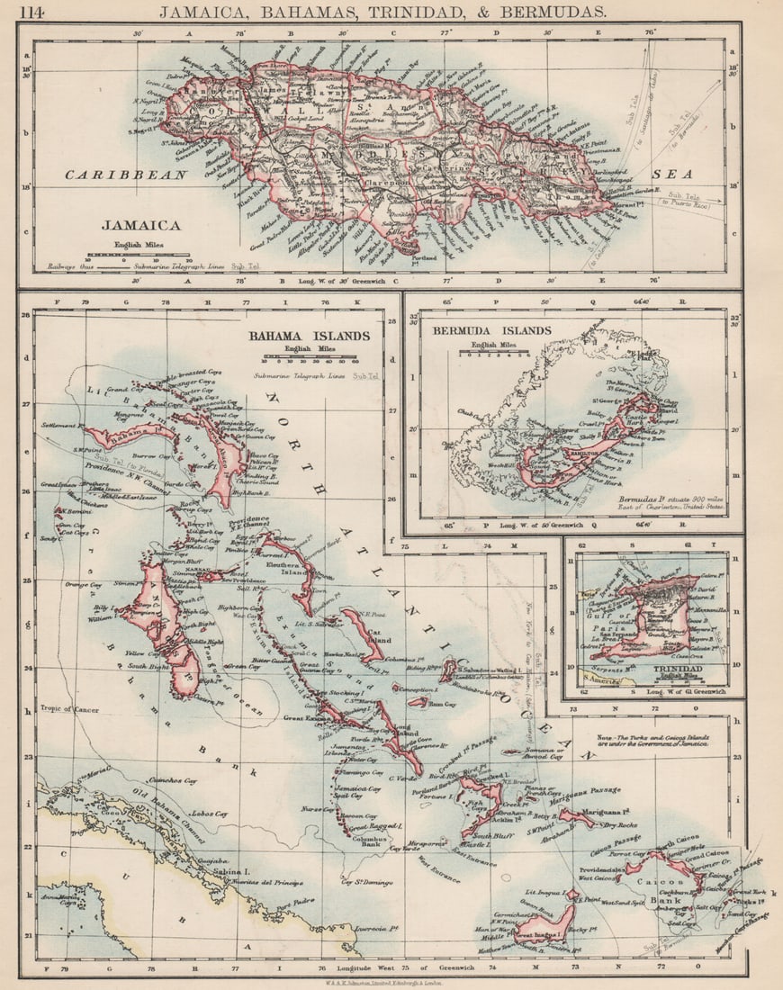 CARIBBEAN/ATLANTIC ISLANDS.Jamaica Bermuda Bahamas Trinidad. JOHNSTON 1903 map: Title: CARIBBEAN/ATLANTIC ISLANDS.Jamaica Bermuda Bahamas Trinidad. JOHNSTON 1903 map Description: Jamaica, Bahamas, Trinidad, & Bermudas'. W. & A.K. Johnston, Limited, Edinburgh & London.