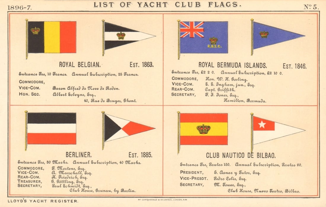 YACHT & SAILING CLUB FLAGS. Royal Belgian. Royal Bermuda. Berliner. Bilbao 1896: Title: YACHT & SAILING CLUB FLAGS. Royal Belgian. Royal Bermuda. Berliner. Bilbao 1896 Description: List of Yacht Club Flags - Royal Belgian, Est. 1863 - Royal Bermuda Islands, Est. 1846 - Berliner,