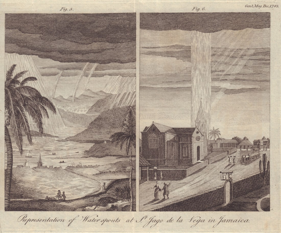 Waterspouts at St. Jago de la Vega in Jamaica. Spanish Town. GENTS MAG 1783: Title: Waterspouts at St. Jago de la Vega in Jamaica. Spanish Town. GENTS MAG 1783 Description: Representation of Water spouts at St. Jago de la Vega in Jamaica' by Anonymous. Published 1783. Antique